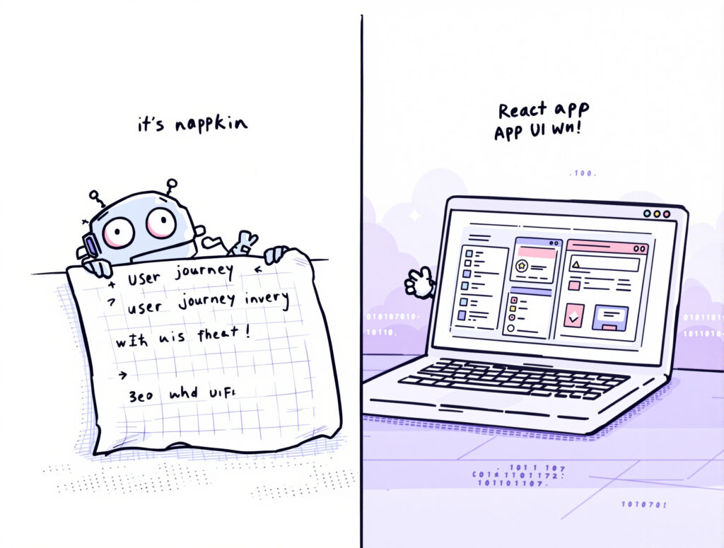 A confused manga-style robot peeks at a hand-drawn user journey scribble on napkin paper, while the same scribble transforms into a polished React app on a laptop screen, presented by a proud robot. Illustration representing AI-assisted Context Engineering: from rough ideas to functional prototypes.