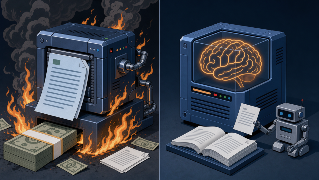 An expensive AI model burning dollar bills by reading a huge file, while the Dynamic Model Router delegates the reading to a cheap model.